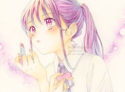 Rule 34 | 1girl, blush, collared shirt, commentary request, cosmetics, holding, lipstick, lipstick tube, long hair, makeup, nagare62, neck ribbon, original, painting (medium), parted lips, pink eyes, ponytail, purple eyes, purple hair, purple ribbon, ribbon, shirt, solo, traditional media, twitter username, upper body, watercolor (medium), watermark, white shirt
