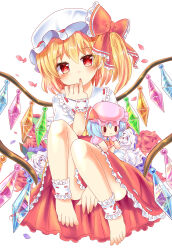 Rule 34 | 1girl, anklet, barefoot, blue flower, blue rose, blush, character doll, crystal, expressionless, feet, flandre scarlet, flower, frilled shirt collar, frills, full body, hat, highres, jewelry, looking at viewer, mob cap, one side up, ramudia (lamyun), red eyes, red flower, red rose, red skirt, red vest, remilia scarlet, rose, short hair, simple background, skirt, skirt set, solo, toes, touhou, vest, white background, white flower, white rose, wings, wrist cuffs