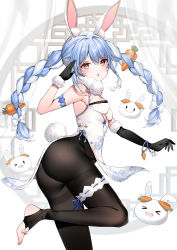 Rule 34 | &gt; &lt;, 1girl, :d, ;d, absurdres, animal ear fluff, animal ears, asymmetrical gloves, black gloves, black pantyhose, blue hair, blush, braid, breasts, carrot hair ornament, china dress, chinese clothes, don-chan (usada pekora), dress, elbow gloves, floral print, food-themed hair ornament, gloves, hair between eyes, hair ornament, highres, hololive, looking at viewer, multicolored hair, no shoes, one eye closed, open mouth, pantyhose, pekomon (usada pekora), rabbit ears, revision, short eyebrows, single elbow glove, sleeveless, sleeveless dress, small breasts, smile, solo, standing, standing on one leg, stirrup legwear, thick eyebrows, thighband pantyhose, toeless legwear, twin braids, twintails, two-tone hair, uneven gloves, usada pekora, usada pekora (1st costume), virtual youtuber, white dress, white hair, xd, yukineko1018