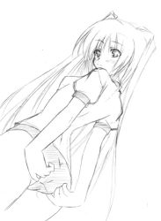Rule 34 | 00s, 1girl, blush, crotch seam, from below, greyscale, hand in panties, kousaka tamaki, looking down, monochrome, panties, shirt, short sleeves, simple background, solo, sportswear, to heart (series), to heart 2, underwear, white background