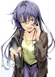 Rule 34 | 1girl, absurdres, blush, brown jacket, collarbone, commentary request, hand up, highres, holding, holding marker, jacket, long hair, long sleeves, looking at viewer, love live!, love live! school idol project, marker, open clothes, open jacket, open mouth, purple hair, purple skirt, shirt, sidelocks, skirt, solo, sonoda umi, standing, tommer, upper body, v-shaped eyebrows, white background, yellow eyes, yellow shirt