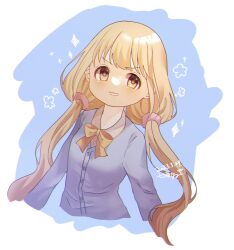 Rule 34 | 1girl, blonde hair, blue shirt, blush, bow, bowtie, brown eyes, collared shirt, cropped torso, futaba anzu, highres, idolmaster, idolmaster cinderella girls, long hair, long sleeves, looking at viewer, low twintails, natu 28 natu, parted lips, shirt, smile, solo, twintails, two-tone background, upper body, yellow bow, yellow bowtie