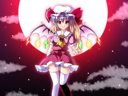 Rule 34 | 1girl, bat wings, blonde hair, blue hair, dragon ball, embodiment of scarlet devil, fal (falketto), falketto, fang, female focus, flandre scarlet, fusion, gradient hair, hat, moon, multicolored hair, parody, red moon, remilia scarlet, side ponytail, solo, thighhighs, touhou, white thighhighs, wings, zettai ryouiki