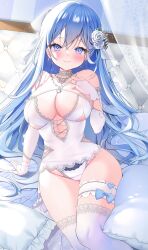 Rule 34 | 1girl, absurdres, arm support, bare shoulders, blue eyes, blue hair, breast cutout, breasts, choker, cleavage, clothing cutout, crotch seam, detached sleeves, embarrassed, emori miku, flower, frown, hair flower, hair ornament, hand on own chest, hand up, highres, jewelry, lace, lace-trimmed legwear, lace-trimmed leotard, lace trim, large breasts, leotard, liver city, long hair, long sleeves, looking at viewer, necklace, ring, side cutout, sitting, smile, solo, thigh strap, thighhighs, thighs, very long hair, wedding ring, white choker, white leotard, white thighhighs, yoruhoshi owl