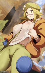 Rule 34 | 1girl, 1other, absurdres, bianca (pokemon), blonde hair, breasts, creatures (company), game freak, gen 5 pokemon, glasses, green eyes, hat, highres, nintendo, nipples, orphen (pink seito), panpour, pink seito, pinkseito, pokemon, pokemon bw2, see-through, see-through shirt