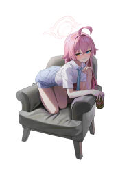 1girl absurdres ahoge artist_name blue_archive blue_eyes blue_necktie blush collared_shirt commentary denim denim_shorts grey_shorts hair_between_eyes hair_intakes halo heterochromia highres hoshino_(blue_archive) huge_ahoge long_hair looking_at_viewer necktie on_chair pink_halo shirt shirt_tucked_in short_sleeves shorts simple_background solo thighs vladislav_ton white_background white_shirt yellow_eyes