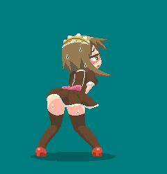 1girl animated animated_gif aokurage apron ass_shake blush bow brown_eyes brown_hair embarrassed from_behind have_to_pee looping_animation maid maid_apron maid_headdress original panties pink_bow pixel_art red_footwear skirt solo sweat sweatdrop thighhighs third-party_edit underwear upskirt white_panties