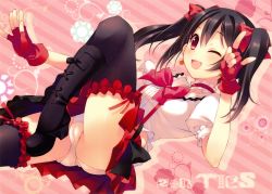 Rule 34 | 10s, 1girl, ;d, absurdres, black hair, black thighhighs, blush, bokura wa ima no naka de, boots, bow, cameltoe, earrings, fingerless gloves, frilled thighhighs, frills, gloves, hair bow, highres, jewelry, knee boots, leg lift, long hair, looking at viewer, love live!, love live! school idol project, m/, neck garter, nico nico nii, one eye closed, open mouth, panties, pantyshot, puffy short sleeves, puffy sleeves, red eyes, scan, short sleeves, skirt, smile, solo, takei ooki, thighhighs, twintails, underwear, upskirt, white panties, wink, yazawa nico