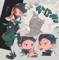 Rule 34 | 1boy, absurdres, belt, black footwear, black hair, buttons, capri pants, commentary request, creatures (company), game freak, green eyes, green hair, green necktie, green pants, half-closed eyes, highres, holding, leg up, male focus, multicolored hair, multiple views, necktie, nintendo, pants, partially colored, pokemon, pokemon dppt, pokemon platinum, shoes, short hair, suzuka g, thorton (pokemon), tongue, tongue out, two-tone hair