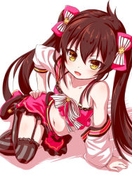 Rule 34 | 1girl, :d, arm support, bare shoulders, black thighhighs, blush, bow, brown eyes, brown hair, collarbone, commentary request, crop top, detached sleeves, fingernails, garter straps, hair between eyes, hair bow, hand on own hip, high heels, idolmaster, idolmaster cinderella girls, long hair, long sleeves, matoba risa, midriff, navel, open mouth, pink skirt, shoes, skirt, smile, solo, striped bow, striped clothes, striped thighhighs, thighhighs, twintails, vertical-striped clothes, vertical-striped thighhighs, very long hair, white background, yuku (kiollion)