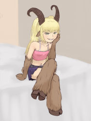 Rule 34 | 1girl, animal ears, blonde hair, fur, goat ears, goat girl, goat tail, green eyes, grin, highres, horns, long hair, looking at viewer, mithril, monster girl, simple background, sitting, skirt, smile, solo, tail