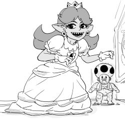 Rule 34 | 1boy, 1girl, :d, absurdres, bb (baalbuddy), brooch, commentary, crown, dress, earrings, english commentary, female goblin, flower earrings, goblin, greyscale, highres, jewelry, long hair, looking at viewer, mario (series), monochrome, monsterification, nintendo, open mouth, pointy ears, princess daisy, puffy short sleeves, puffy sleeves, sharp teeth, short sleeves, simple background, smile, solo focus, teeth, toad (mario), white background