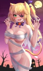Rule 34 | 1girl, :d, animal ears, bandages, bare tree, bat (animal), black nails, blonde hair, blurry, blurry background, blush, bow, bowtie, breasts, cat ears, cat girl, cat tail, chest sarashi, claw pose, cleavage, collar, collarbone, cowboy shot, deaver, depth of field, eyepatch, fang, fischl (genshin impact), full moon, genshin impact, gradient sky, green eyes, groin, halloween, highres, kemonomimi mode, long hair, looking at viewer, medium breasts, moon, nail polish, naked bandage, navel, night, one eye covered, open mouth, outdoors, pumpkin, purple bow, purple bowtie, sarashi, skin fang, sky, smile, solo, stomach, sweat, tail, tail ornament, tombstone, tree, two side up, underboob, very long hair