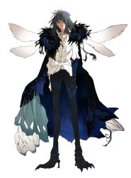 Rule 34 | 1boy, arthropod boy, arthropod limbs, blue eyes, cape, collared shirt, crown, diamond hairband, dragonfly wings, fate/grand order, fate (series), full body, fur-trimmed cape, fur trim, grey hair, hair over one eye, highres, insect wings, kuriimu0203, long sleeves, looking at viewer, male focus, medium hair, oberon (fate), oberon (third ascension) (fate), shirt, simple background, solo, straight-on, white background, white shirt, wings