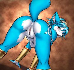 Rule 34 | 1girl, all fours, animal ears, anus, ass, ass focus, blue eyes, blue hair, blush, bracelet, circlet, dr comet, fang, furry, furry female, green eyes, highres, jewelry, krystal, looking back, matching hair/eyes, nintendo, nude, open mouth, pov, pussy, sharp teeth, short hair, simple background, solo, star fox, tail, tattoo, teeth, third-party edit, tongue, uncensored