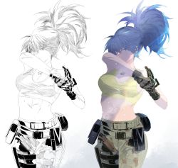 Rule 34 | armlet, bare shoulders, belt, blue eyes, blue hair, breasts, camouflage, camouflage pants, cofffee, earrings, gloves, jewelry, leona heidern, monochrome, multiple views, 1girl, pants, ponytail, simple background, tactical clothes, tank top, the king of fighters, the king of fighters xiv, the king of fighters xv, triangle earrings, white background, yellow tank top