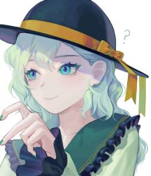 Rule 34 | 1girl, ?, aqua eyes, aqua hair, black hat, bow, closed mouth, frilled shirt collar, frilled sleeves, frills, green shirt, hat, hat bow, heart hands failure, highres, komeiji koishi, long hair, shirt, simple background, smile, solo, szztzzs, touhou, white background, yellow bow