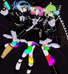 Rule 34 | 3girls, black background, black bow, black dress, black footwear, black sclera, blue hair, bow, closed mouth, collared dress, colored sclera, commentary request, dark persona, demon wings, dress, eye trail, facial mark, frilled dress, frilled sleeves, frills, frown, green hair, gun, hair between eyes, hair bow, hand up, highres, holding, holding gun, holding weapon, kurane (rain code), light trail, long sleeves, looking at viewer, master detective archives: rain code, multiple girls, mystery phantom, pale skin, pink hair, rainbow skin, short hair, short twintails, sleep mask, smile, spoilers, stitches, twintails, waruna (rain code), weapon, white bow, wings, yellow eyes, yoshiko (rain code), yunome (lyu nomel)