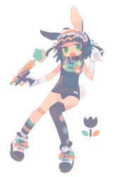 Rule 34 | 1girl, :o, animal ear fluff, animal ears, argyle, argyle clothes, argyle legwear, asymmetrical legwear, bandaid, bandaid on knee, bandaid on leg, black hair, black legwear, blunt bangs, collar, daizu (melon-lemon), expressionless, floating, flower, frills, full body, gloves, green eyes, hair ornament, hairband, hand up, highres, holding, holding weapon, jitome, lolita hairband, looking at viewer, m/, name tag, no nose, old school swimsuit, one-piece swimsuit, open mouth, original, rabbit ears, rabbit tail, ribbon, school swimsuit, shoes, short hair, simple background, sneakers, solo, striped, swimsuit, tail, teeth, tulip, two side up, uneven legwear, upper teeth only, weapon, white background, white gloves
