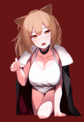 Rule 34 | 1girl, absurdres, animal ears, arknights, beudelb, black collar, black jacket, breasts, brown hair, cleavage, collar, collarbone, commentary, fang, hand up, head tilt, highres, jacket, jacket on shoulders, korean commentary, large breasts, lion ears, looking at viewer, open mouth, red background, red neckwear, shirt, siege (arknights), simple background, solo, studded collar, white shirt, yellow eyes