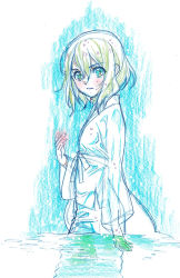 Rule 34 | 1girl, commentary request, flat chest, green eyes, green hair, gundam, gundam build divers, gundam build divers re:rise, japanese clothes, long sleeves, looking at viewer, mukai hinata, nishida asako, official art, partially submerged, production art, serious, short hair, sidelocks, solo, traditional media, wet, wet clothes, wet hair