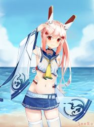 Rule 34 | 1girl, arm up, armpits, artist name, ayanami (azur lane), azur lane, bandaid, bandaid on arm, beach, belt, blue skirt, blue sky, blurry, blurry background, closed mouth, cloud, commentary request, day, depth of field, detached sleeves, hair ornament, headgear, highres, horizon, leaning to the side, light brown hair, long hair, long sleeves, midriff, navel, ocean, outdoors, pleated skirt, ponytail, sand, school uniform, seero, serafuku, shirt, skindentation, skirt, sky, sleeveless, sleeveless shirt, smile, solo, thighhighs, very long hair, water, white belt, white shirt, white thighhighs, wide sleeves, yellow neckwear