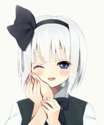 Rule 34 | 1girl, blue eyes, blush, female focus, hairband, hand on another&#039;s face, konpaku youmu, looking at viewer, one eye closed, purin jiisan, short hair, silver hair, simple background, smile, solo focus, touhou, upper body, white background, wink
