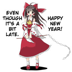 Rule 34 | 1girl, akeome, female focus, full body, hakurei reimu, happy new year, hard-translated, mahan, new year, simple background, solo, third-party edit, touhou, translated, white background