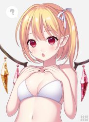 Rule 34 | 1girl, :o, ?, bare arms, bare shoulders, bikini, blonde hair, blush, bra, breasts, cleavage, collarbone, commentary request, crystal, dated, flandre scarlet, grey background, hair between eyes, hair ribbon, hands on own chest, hands up, highres, looking at viewer, medium breasts, nail polish, navel, no headwear, one side up, open mouth, pointy ears, red eyes, red nails, ribbon, shiny skin, short hair, simple background, skindentation, solo, spoken question mark, stomach, swimsuit, touhou, underwear, upper body, white bikini, white bra, white ribbon, wings, yamayu