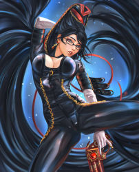 Rule 34 | 1girl, bad id, bad pixiv id, bayonetta, bayonetta, bayonetta (series), black hair, bodysuit, breasts, cleavage, earrings, elbow gloves, glasses, gloves, gun, holding, holding gun, holding weapon, jewelry, long hair, looking at viewer, mole, mole under mouth, solo, tatti art, very long hair, weapon