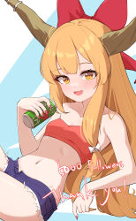 Rule 34 | 1girl, alternate costume, bandeau, beer can, blonde hair, blue background, blue shorts, blunt bangs, blush, bow, breasts, brown horns, can, commentary request, cowboy shot, drink can, fang, fingernails, hair bow, highres, horns, ibuki suika, long hair, looking at viewer, medium bangs, midriff, milestone celebration, navel, oeyama, open fly, open mouth, petite, red bandeau, red bow, red nails, sharp fingernails, short shorts, shorts, sidelocks, skin fang, small breasts, smile, solo, torn clothes, torn shorts, touhou, very long hair, white bow, yellow eyes