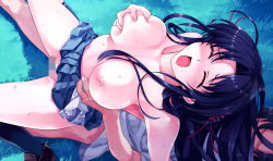 Rule 34 | 1girl, blue hair, blush, breasts, censored, closed eyes, cradle (circle), game cg, girl on top, grabbing, grabbing another&#039;s breast, grass, highres, koga sayoko, large breasts, misaki kurehito, moaning, mosaic censoring, nipples, no panties, open mouth, outdoors, protagonist (suiheisen made nan mile?), pussy juice, reverse cowgirl position, sex, sex from behind, shoes, skirt, socks, solo focus, straddling, suiheisen made nan mile?, sweat, tears, topless