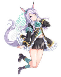 Rule 34 | 1girl, animal ears, text background, black footwear, black jacket, black skirt, blush, boots, bow, closed mouth, comiket 99, commentary request, ear ribbon, frilled jacket, frilled sleeves, frills, full body, green bow, green ribbon, green socks, hand up, highres, horse ears, horse girl, horse tail, jacket, juna, long sleeves, looking at viewer, mejiro mcqueen (umamusume), pleated skirt, purple eyes, purple hair, ribbon, simple background, skirt, smile, socks, solo, swept bangs, tail, umamusume, white background