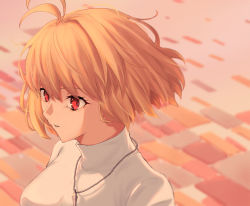 Rule 34 | 1girl, anianiani0607, antenna hair, arcueid brunestud, blonde hair, breasts, commentary request, floating hair, hair between eyes, hair intakes, highres, jewelry, looking away, medium breasts, necktie, parted lips, red eyes, short hair, solo, sweater, teeth, tsukihime, tsukihime (remake), turtleneck, turtleneck sweater, upper body, white sweater