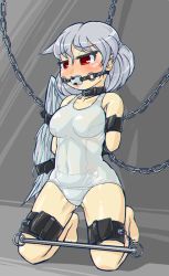 Rule 34 | 1girl, angel wings, arms behind back, ball gag, barefoot, bdsm, blush, braid, breasts, chain, collar, colored eyelashes, french braid, gag, gluteal fold, indoors, kishin sagume, kneeling, navel, one-piece swimsuit, red eyes, restrained, room, saliva, school swimsuit, shiny skin, short hair, silver hair, single wing, solo, spread legs, spreader bar, swimsuit, tearing up, thighs, touhou, wiffle gag, wings, winn