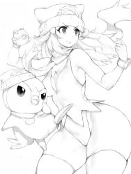 Rule 34 | 1girl, adapted costume, bare shoulders, black thighhighs, breasts, bubble, closed mouth, cowboy shot, creatures (company), curvy, dawn (pokemon), floating hair, fumio (rsqkr), game freak, gen 4 pokemon, greyscale, hair ornament, highleg, highleg leotard, holding, holding poke ball, leotard, long hair, matching hair/eyes, medium breasts, monochrome, nintendo, piplup, poke ball, poke ball (basic), pokemon, pokemon (creature), pokemon dppt, scarf, shiny skin, sleeveless, thighhighs, white background, white headwear, wide hips