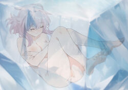 Rule 34 | 1girl, barefoot, breasts, censored, chinese commentary, closed eyes, closed mouth, commentary request, completely nude, crossed arms, frozen, full body, honkai: star rail, honkai (series), legs up, march 7th (honkai: star rail), medium breasts, medium hair, mosaic censoring, nude, pink hair, pussy, solo, yghm