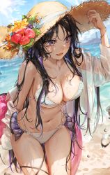 Rule 34 | 1girl, :3, absurdres, arm behind back, bare shoulders, beach, bikini, bikini skirt, black hair, blue nails, blush, breasts, cleavage, clothing cutout, cloud, fang, flower, front-tie top, gradient eyes, hair flower, hair ornament, hand on headwear, hat, hibiscus, highres, large breasts, long hair, looking to the side, multi-strapped bikini, multicolored eyes, multicolored hair, nail polish, navel cutout, ocean, off shoulder, open clothes, open mouth, open shirt, original, sand, see-through, shirt, sky, smile, solo, straw hat, streaked hair, sun hat, swimsuit, thigh strap, thighs, wet, wet clothes, wet shirt, white bikini, white shirt, ye jji, yellow eyes