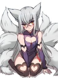 Rule 34 | 1girl, animal ears, black thighhighs, breasts, china dress, chinese clothes, cleavage, cleavage cutout, clothing cutout, detached sleeves, dress, facial mark, fox ears, fox tail, groin, hair between eyes, heart, highres, k jin, looking at viewer, multiple tails, original, silver hair, sitting, smile, solo, tail, thighhighs, wariza, yellow eyes