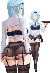 Rule 34 | 1girl, absurdres, ass, ass support, back, black hairband, blue bra, blue hair, blue panties, blush, bra, breasts, chela77, cleavage, commentary, english commentary, eula (genshin impact), full body, garter belt, genshin impact, hair ornament, hairband, highres, large breasts, long sleeves, medium hair, multiple views, panties, purple eyes, sidelocks, skirt, thighhighs, thighs, tray, underwear