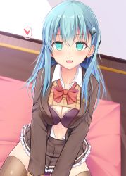 Rule 34 | 10s, 1girl, :d, aqua hair, blouse, bra, breasts, brown jacket, brown skirt, brown sweater, brown thighhighs, green eyes, hair between eyes, hair ornament, hairclip, heart, highres, jacket, kantai collection, large breasts, long hair, open clothes, open jacket, open mouth, open shirt, pleated skirt, purple bra, remodel (kantai collection), shirt, skirt, smile, solo, spoken heart, suzuya (kancolle), sweater, takeyuu, thighhighs, underwear, white shirt