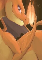Rule 34 | ajin (ajinhdremix), animal focus, artist name, bright pupils, charizard, closed mouth, creatures (company), dated, dragon, fang, fang out, fire, flame-tipped tail, game freak, gen 1 pokemon, grey eyes, half-closed eyes, happy, highres, looking at viewer, lying, mega charizard y, mega pokemon, nintendo, no humans, on side, pokemon, pokemon (creature), signature, smile, solo, white pupils