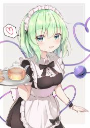 Rule 34 | 1girl, absurdres, alternate costume, apron, aqua eyes, arm up, black neckwear, black ribbon, blush, breasts, commentary request, cowboy shot, cup, enmaided, glass teapot, green hair, grey background, hair between eyes, heart, heart of string, highres, holding, holding tray, iyo (ya na kanji), komeiji koishi, light blush, looking at viewer, maid, maid apron, maid headdress, medium breasts, open mouth, ribbon, short hair, simple background, solo, spoken heart, standing, teacup, teapot, third eye, touhou, tray, wrist cuffs