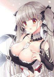 Rule 34 | 1girl, azur lane, between breasts, blush, breasts, cleavage, detached collar, dress, formidable (azur lane), frilled dress, frills, hair ribbon, highres, large breasts, long hair, looking at viewer, minakami nagara, no bra, open mouth, red eyes, ribbon, silver hair, solo, twintails