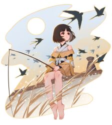 Rule 34 | 1girl, absurdres, bare legs, bare shoulders, barefoot, bird, black hair, blue sky, blunt bangs, bob cut, border, chinese clothes, clothing cutout, dress, fading border, faux figurine, feet, fishing, fishing line, fishing rod, from below, full body, full moon, highres, holding, holding fishing rod, jianxia qingyuan (series), jianxia qingyuan online 3, legs, long sleeves, looking to the side, moon, multicolored sky, outside border, reeds, short dress, short hair, shoulder cutout, sitting, sky, solo, swallow (bird), toenails, toes, wide sleeves, yellow dress, yellow sky, yi er san