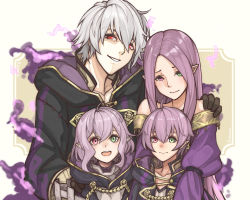 Rule 34 | 2boys, 2girls, :d, absurdres, ahoge, arm around shoulder, aura, bare shoulders, black gloves, child, coat, commission, corruption, dark aura, dark persona, family, father and daughter, father and son, fire emblem, fire emblem: the binding blade, fire emblem awakening, fire emblem heroes, gloves, glowing, glowing eyes, green eyes, grin, hand on shoulder, heterochromia, highres, hood, hood down, husband and wife, idunn (fire emblem), if they mated, light purple hair, long hair, looking at viewer, morgan (female) (fire emblem), morgan (fire emblem), morgan (male) (fire emblem), mother and daughter, mother and son, multiple boys, multiple girls, nintendo, open mouth, pointy ears, purple hair, red eyes, ritence, robin (fire emblem), robin (male) (fire emblem), short hair, siblings, silver hair, smile, standing, upper body