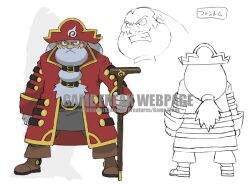 Rule 34 | 1boy, beard, character sheet, clenched teeth, evil eyes, facial hair, full body, gloves, hat, jacket, long hair, multiple views, old, old man, pirate, pirate hat, pokemon, pokemon (anime), pokemon ranger and the temple of the sea, pokemon rse (anime), red eyes, red jacket, serious, shaded face, simple background, standing, sugimori ken, teeth, the phantom, white background, white gloves