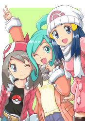 Rule 34 | 3girls, :d, ;), ;d, bandana, beanie, belt, black shirt, blue eyes, blue hair, blush, boots, breasts, brown hair, closed mouth, coat, collarbone, creatures (company), dawn (pokemon), denim, game freak, green background, hat, jacket, jeans, lisia (pokemon), long hair, looking at viewer, may (pokemon), medium breasts, menome, multiple girls, nintendo, one eye closed, open mouth, orange jacket, pants, pink coat, poke ball, pokemon, pokemon dppt, pokemon oras, pokemon platinum, pokemon rse, red bandana, red jacket, scarf, shirt, small breasts, smile, swept bangs, thigh boots, thighhighs, upper body, white headwear, white scarf, winter clothes, yellow shirt