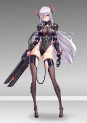 Rule 34 | 1girl, absurdres, android, black leotard, black thighhighs, breasts, chitu hefeng zhong, covered navel, full body, grey hair, highleg, highleg leotard, highres, large breasts, leotard, long hair, mechanical arms, original, red eyes, solo, standing, thighhighs, very long hair