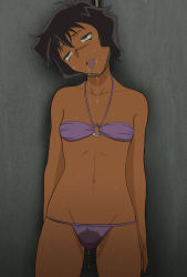 Rule 34 | 1girl, asphyxiation, bikini, black hair, blush, breasts, character request, choking, collarbone, cowboy shot, death, green eyes, hanged, highres, meitantei conan, navel, o-ring, o-ring bikini, peeing, peril, pront-k, restrained, rolling eyes, short hair, small breasts, solo, strangulation, swimsuit, tears, tongue